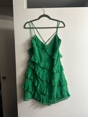 Mango Green Polka Dot Ruffle Mini Dress